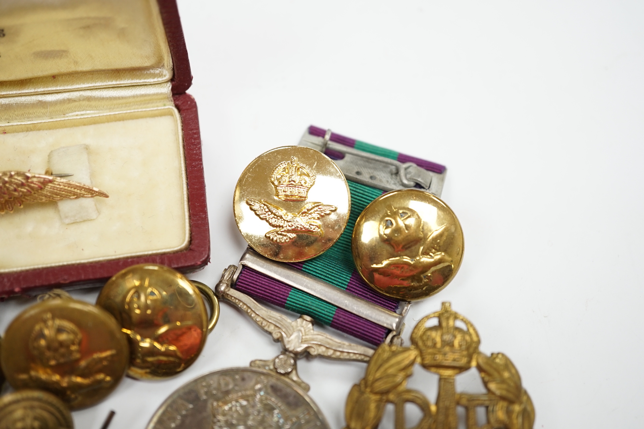 A 9ct. enamelled RAF Sweetheart brooch, an Elizabeth II General Service medal with Malaya bar to Cpl. A.J.L. Fuller R.A.F., a number of buttons and related sundries